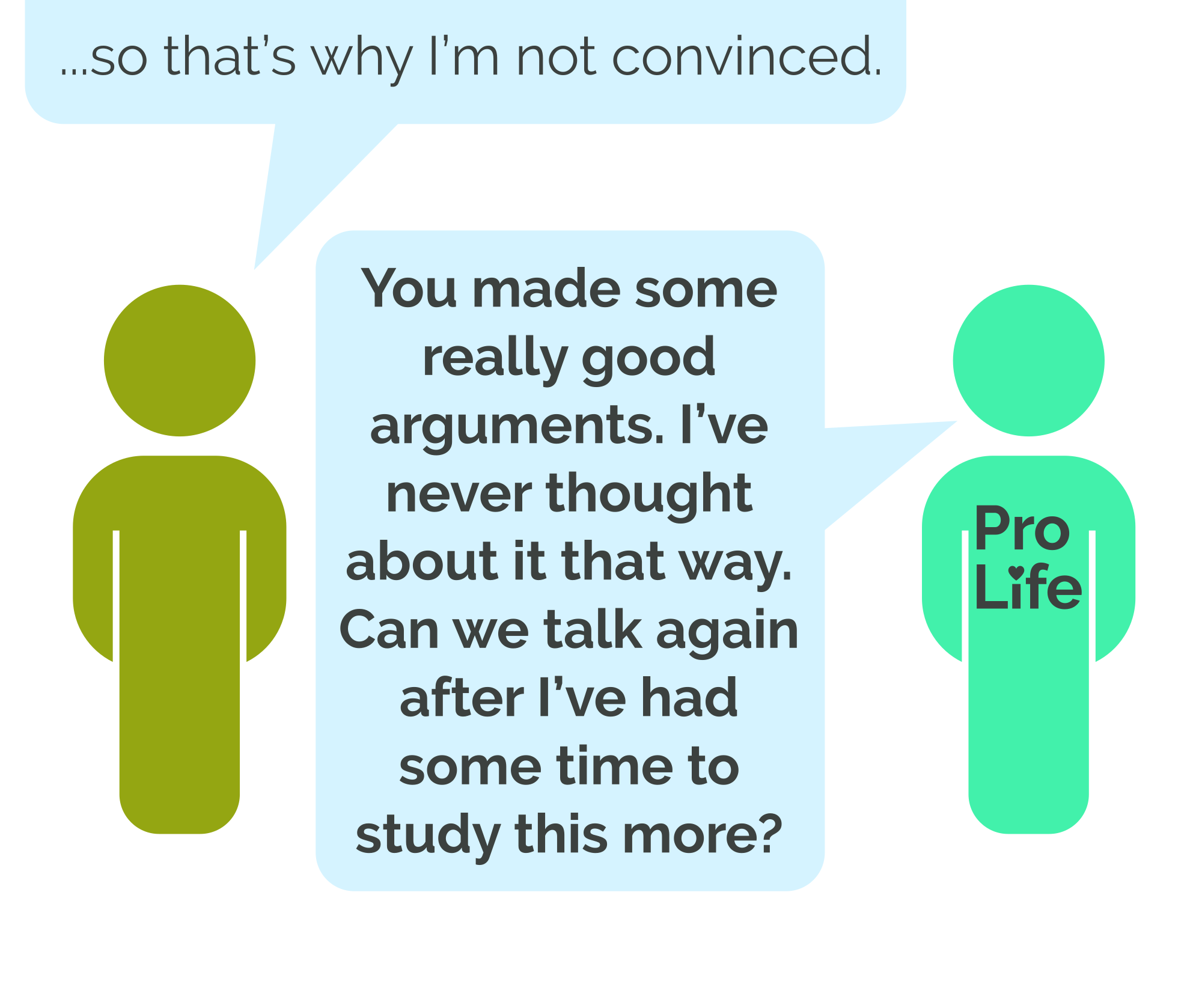 Person 1: ...so that’s why I’m not convinced. Person 2 (our hero): You made some really good arguments. I’ve never thought about it that way. Can we talk again after I’ve had some time to study this more?